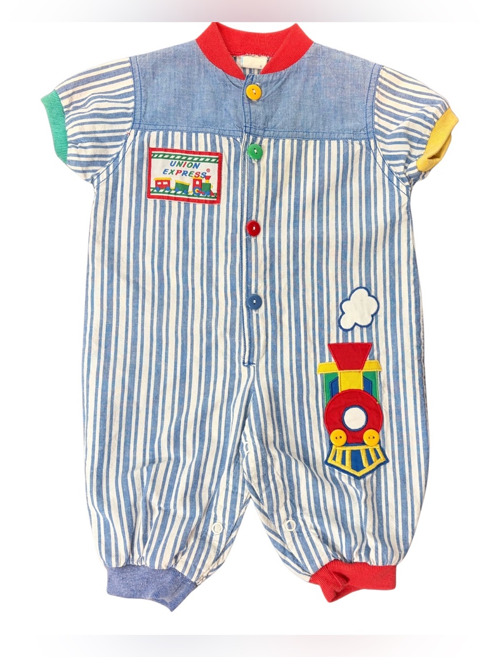 1980s Union Express Colorblock Blue Striped Train Romper size 6-9 Months
